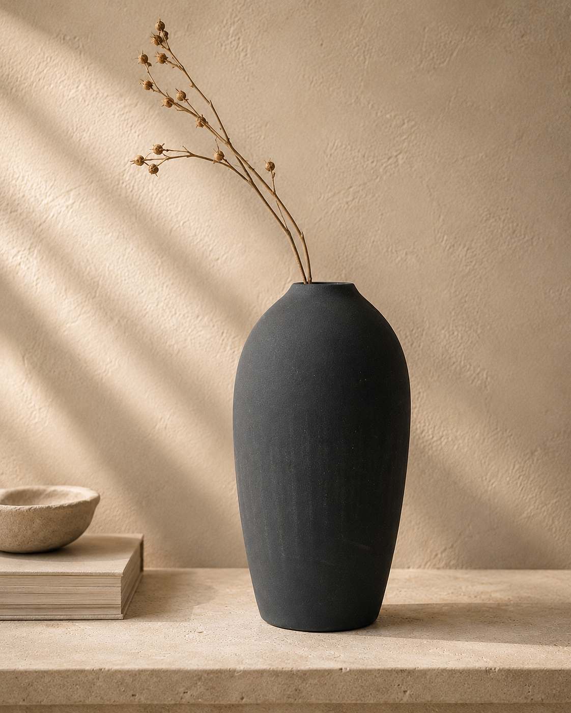 Ashen Stone Vase styled with dried stems on a warm stone surface